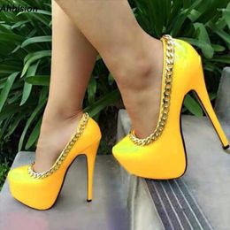 Dress Shoes Ahhlsion Handmade Women Spring PumpsSexy Chain Stiletto Heels Round Toe Beautiful Yellow Banquet Ladies US Size 5-20