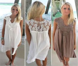 201 hot Womens Lace Embroidery Summer Loose Casual Beach Mini Swing Dress one piece playsuits Chiffon Drs Womens Clothing Sun Dress5657653