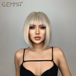 Sliver Blonde Bob Short Wig with Bangs Synthetic Straight Wigs for Black Women Heat Resistant Natural Hair Cosplay Daily Wig