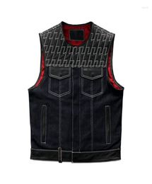 Men039s Vests SOA Men39s Leather And Denim Motorcycle Biker Vest Genuine Cowhide Sleeveless Jackets Embroidery Punk Rock Wai4626037