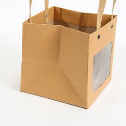 5pcs Square Kraft Paper Bag PVC Clear Window With Handle Cookies Baking Packaging Bag Birthday Christmas Wedding Party Decor
