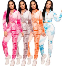 Womens Set Sportwear Tie Dye Print Two Piece Set Zipper Hoodies Tops Jogger Pants Suit Tracksuit Matching Set Outfits4681815