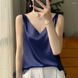 Women's Tanks Silk Satin Women Double Shoulder Camisole Tank Top V-neck Sleeveless T-shirt Elegant Crop Solid Casual Basic 2024 Summer