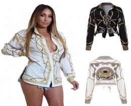 2018 Autumn Gold Chain Print Blouses for Women Long Sleeve Turn Down Collar Button up Female Shirt Sexy Casual Ladies Tops251e7224292