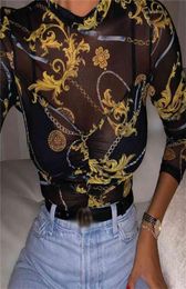 Women Mesh Sheer See Through Print Shirt Blouses Outwear Turtleneck Long Sleeve Tops Transparent Slim Bodycon Club Blouse 2106073572468