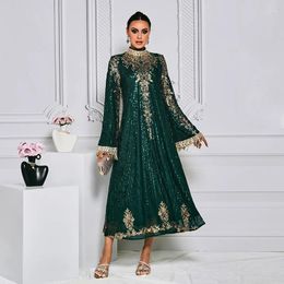 Casual Dresses Muslim Abaya Women Flare Sleeve Green Sequined Middle East Dubai Saudi Arabia Luxury Loose Evening Party Long Maxi
