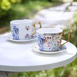 Light Luxury Coffee Cup And Saucer Set Irregular Flower Tea Unique Blue White Doucai Ceramic 240518