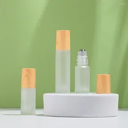 Storage Bottles Frosted Glass Empty Bottle Wood Grain Cover 5/10ml Essential Oil Vials Roll On Steel Ball Dropper Perfume Cream