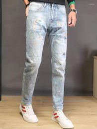 Men's Jeans High-Quality Painting Korean Fashion Slim-Fit Ripped Hole Stretch Treetwear Hip Hop Cowboy For Men