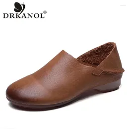 Casual Shoes DRKANOL 2024 Fashion Women Loafers Shallow Genuine Leather Slip-on Ladies Handmade Retro Style Soft Comfort