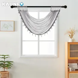 Curtain KAUNFO Grey White Sheer Tulle Transparent Valance Window Short Decor For Kitchen Coffee Home 1PC