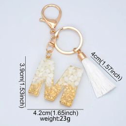 White Tassel Gold Colour Foil Letter Keychain English Words Keyring Glitter Gradient Resin Crafts Gold Leaf Car Handbag Pendant