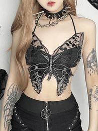 Women's Tanks Gothic Dark Butterfly Suspender Black Top Sheer Mesh Embroidery Halter Lace Up Vest Show Navel Cropped Camouflage