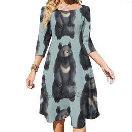 Casual Dresses Moon Bear Square Neck Dress Cute Loose Print Beach Party Asian Black Fluffy