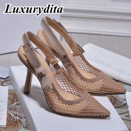 Luxury Womens High Heel Sandal Casual Lace Fashion 95mm 65mm 13mm Hight Quality Embroidered Muller Flat Shoes real Leather sole Designer Silk with box XY171