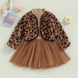 Clothing Sets 2-7years Kid Girl 2pcs Outfits Long Sleeve Tulle Dress Fleece Leopard Jacket Set Infant Girls Spring Autumn