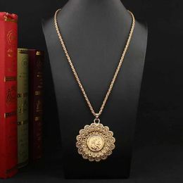 Pendant Necklaces Algeria Wedding Jewellery Gold Plated Pendant Necklace Moroccan Ladies Openwork Metal Arabesque Leaf Long Chain Necklace for Women Q240525
