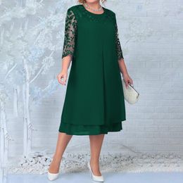 Casual Dresses Plus Size Summer Lace Chiffon Splice Party Dress Women Flower Embroidery Short Sleeve Loose Elegant Wedding Cocktail