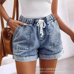 Women's Jeans 2024 Spring Summer Clothing Light Blue Washed Elastic Bandage Denim Shorts