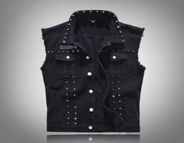 Men039s Vests Spring Denim Vest Men British Style Rivet Cowboy Sleeveless Jackets Fashion Slim Fit Black Jean Waistcoat 5XL5495469