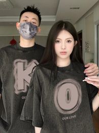 American Retro OK Letter Print Men Women Oversize Washed Tshirt Harajuku Punk Gothic Rock Short Sleeve Top Tee 240520