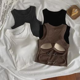 Women's Tanks Women Solid Sports Tank Top With Bra Pad Sexy Backless Knit Crop O-Neck Y2K Streetwear Irregular Casual Slim Camisole Summer
