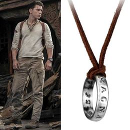 Pendant Necklaces Movie Game Uncharted 4 Necklace Nathan Drake Cosplay Ring Leather Code Ancient Vintage Pendant Jewellery Prop Q240525