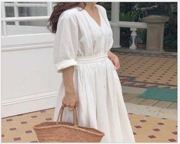 Women Dresses Spring Summer Cotton Linen Ladies Pleated Long White Dresses V Neck Lace Up Bow vestidos de verano R135 T2004161489113