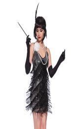 Roaring 1920s Flapper Dress Costumes Great Gatsby Party Dress VNeck Backless Spaghetti Strap Fringe Mini Dance6616788