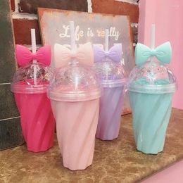 Water Bottles 380ml Straw Bottle Cute Bowknot Decor Diamond Shape Lid Cup For Girls Twist Pattern Bright-colored