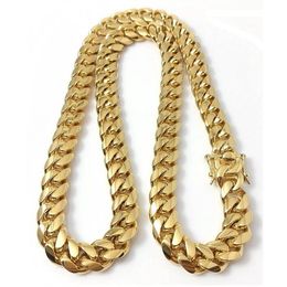 Edelstahlschmuck 18k Gold gefüllt mit hohem poliertem kubanischen Glied Halskette Punk Bordsteinkette Drache Latch Clasp 15 mm 24 "/2 XQSW