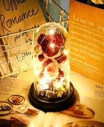 Artificial Eternal Flower Bear Rose in Glass Cover Dome Lamp LED Light Galaxy Bedroom Decor for Birthday Wedding Valentine Day2277785