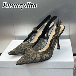 Luxury Womens High Heel Sandal Casual Lace Fashion 95mm 65mm 13mm Hight Quality Embroidered Muller Flat Shoes real Leather sole Designer Silk with box XY518