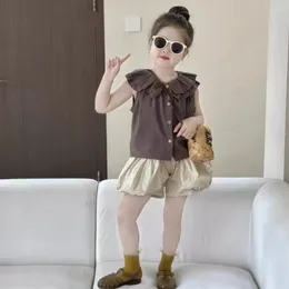 Clothing Sets Girls Set Korea Style 2024 Summer Solid Color Doll Shirt Ruffle Bloomers Two Piece Simple Baby Fashion Kids Clothes