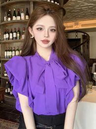 Women's Blouses French Temperament Purple Flying Sleeved Shirts Blusas Mujer Women Fashion Sweet Bow Tie Short Top 2024 Summer Blouse Femme