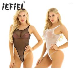 Women's Swimwear IEFiEL Women One Piece Swimsuit Fishnet See Through Sheer Lingerie Sleeveless Backless High Cut Thong Leotard Bodysuit