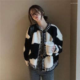 Women's Knits Cow Pattern Print Single-Breasted Button Thick Sweater Cardigan Female Black And White Crew Neck Elegant Chic