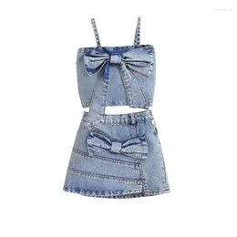 Clothing Sets 1-6Years Girl Denim Outfit Bow Square Neck Spaghetti Strap Tops Split Hem Skirt Summer 2 Piece Set For Toddler Girls