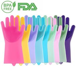 Reusable Silicone Dishwashing Gloves Rubber Scrubbing Gloves Dishes Wash Cleaning Gloves with Sponge Scrubbers for Washing Kitchen1479629