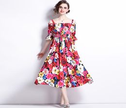 Short Sleeve Floral Party Red Dress Summer Woman Designer Sexy Suspenders Slim Pleated Prom Cocktail Dresses 2022 Runway Women Flo3063503