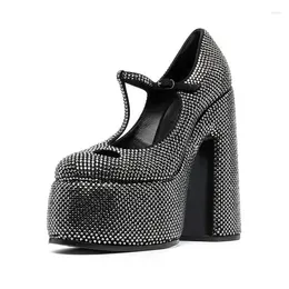 Dress Shoes Black Rhinestone Vintage T-Strap Chunky Heel Platform Mary Janes