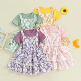 Clothing Sets Baby Girls 2Pcs Summer Outfits Short Sleeve Ribbed Tops Daisy Suspender Skirt Set Kid Clothes 18 Months-6 Years