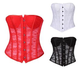 Lace Mesh Overbust Corset Top Women Fashion Transparent Plastic Boned Underwire Padded Cups Sexy Laceup White Bridal Corset3476545