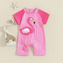 Women's Swimwear 0-3T Toddler Beach Swimsuit Short Sleeved Flamingo Animal Polka Dot Embroidered Hoodie Rash Guard Pink