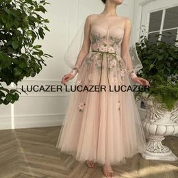 Party Dresses Charming A-Line Prom Dress 2024 Lovely Transparent Long Sleeve Flowers Ankle Length Evening Special Occasion Gowns