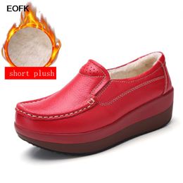 EOFK Women Winter Flats Shoes Loafers Genuine Leather Thickened Wool Warm Platform Moccasins Ladies Floors