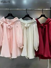Women's Blouses Oversized Pleated Tops For Women Slash Neck Solid Color Bandage Bow Shirts Summer Blouse 2024 Blusas Mujer De Moda