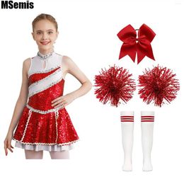 Clothing Sets Kids Girls Cheerleading Dance Shiny Sequins Patchwork Invisible Zipper Back Dress With Headwear Hand Flowers Striped Socks