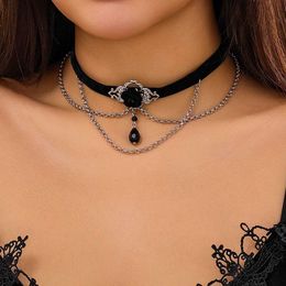 Pendant Necklaces PuRui Punk Black Cotton Rope Choker for Women Link Chain Tassel Crystal Beads Charm Necklace Gothic Jewellery 2024 New Party Girls Q240525