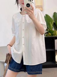 Women's Blouses Chubby Woman Clothes Mori Girl Style Embroidery Turndown Collar Pleated Solid Korean Fashion Short Sleeve Shirts